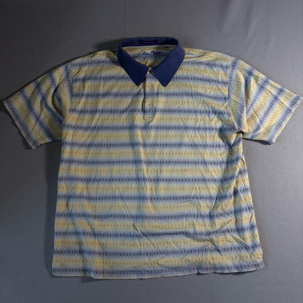 Alan Flusser Mens Mercerized Cotton Striped Polo Shirt Yellow Blue Large
